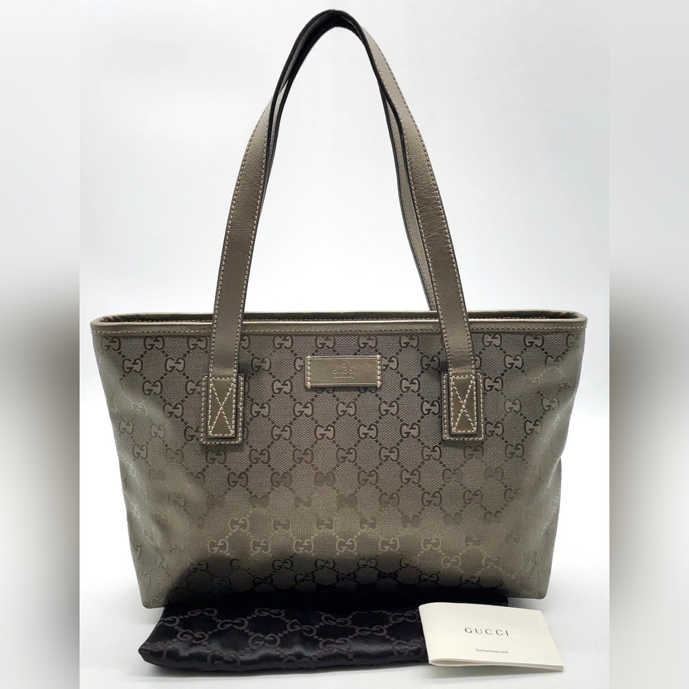 Authentic GG Imprimé PVC Leather Metallic Khaki Tote Bag Purse